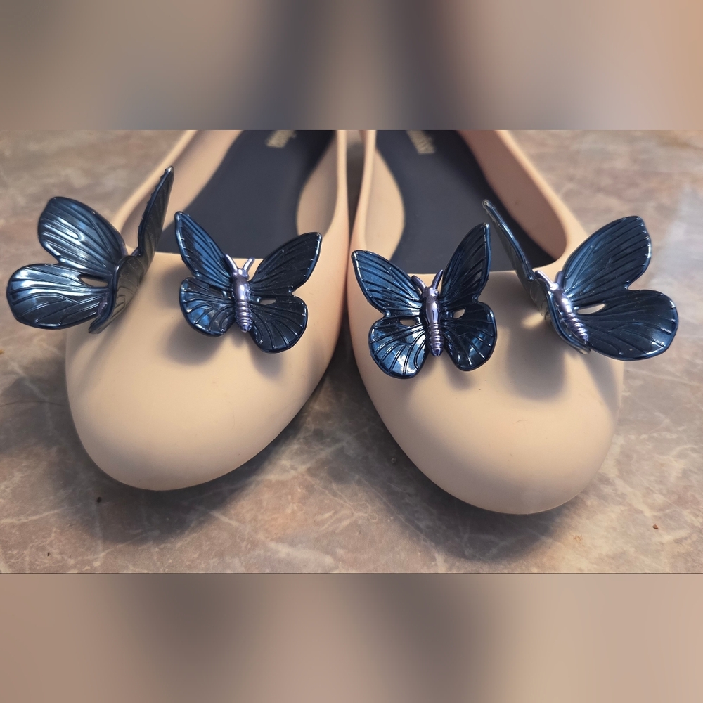 Melissa Women's Nude Ballet Flats with Navy Butterfly Accent - Picture 2 of 6